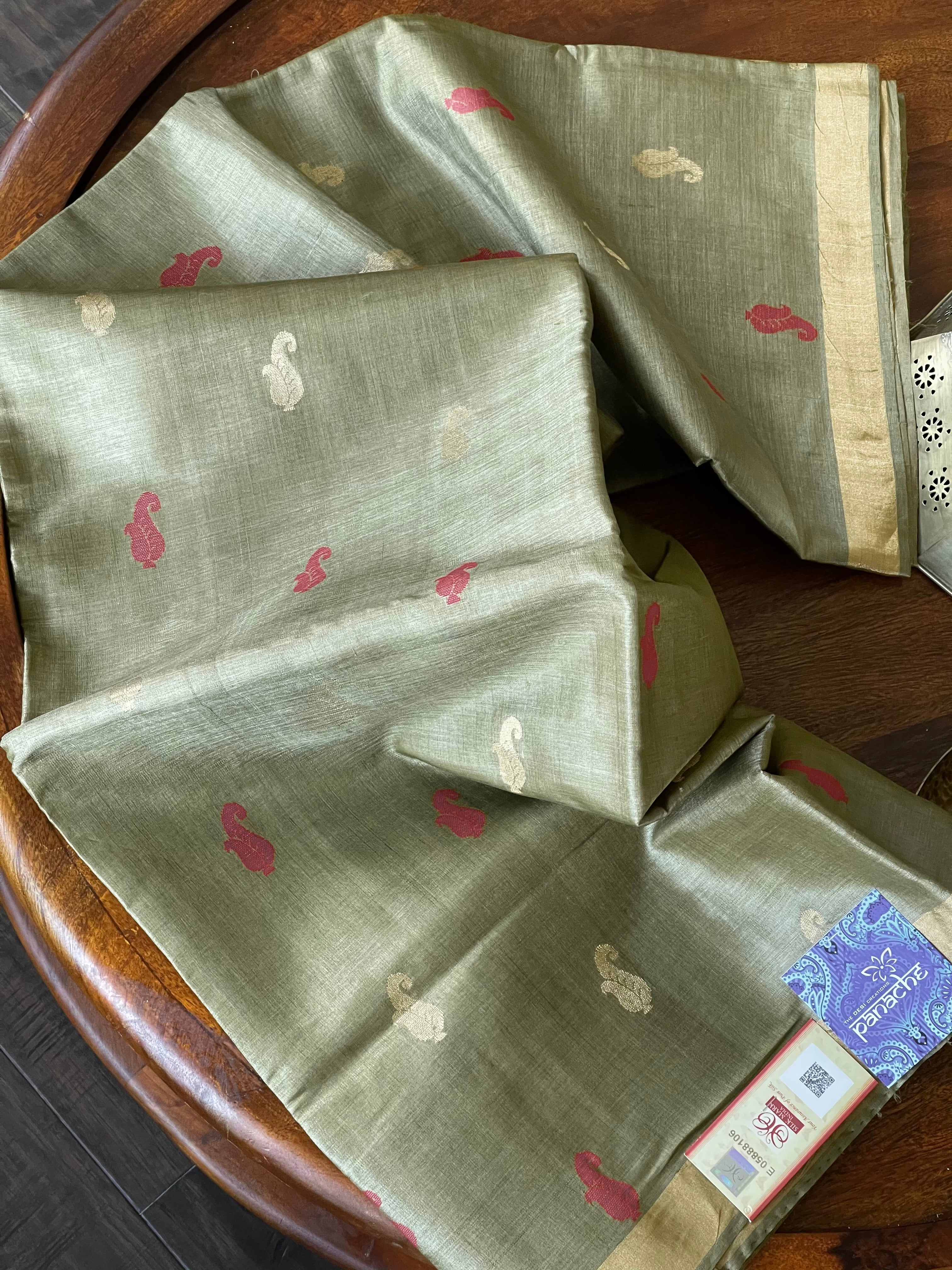 Pure Tussar Silk Woven - Light Moss Grey resham woven