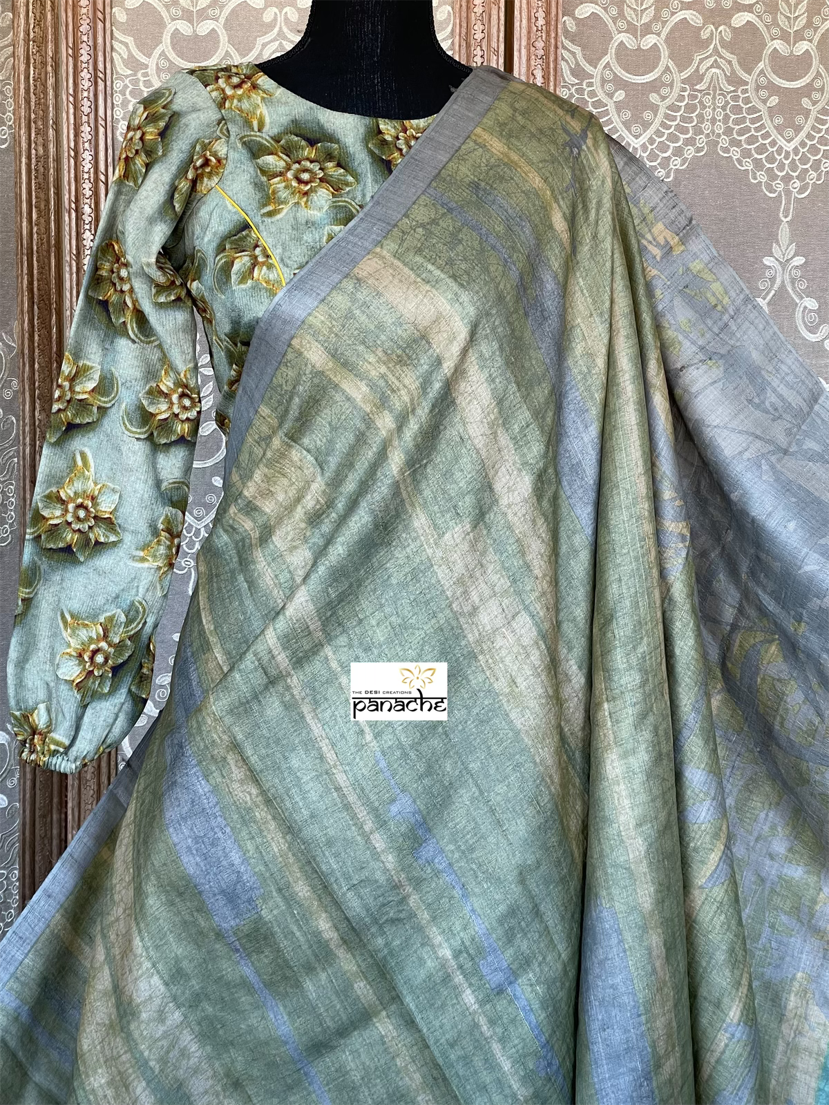 Pure Tussar Silk - Grey Pista Green Printed