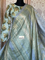 Pure Tussar Silk - Grey Pista Green Printed