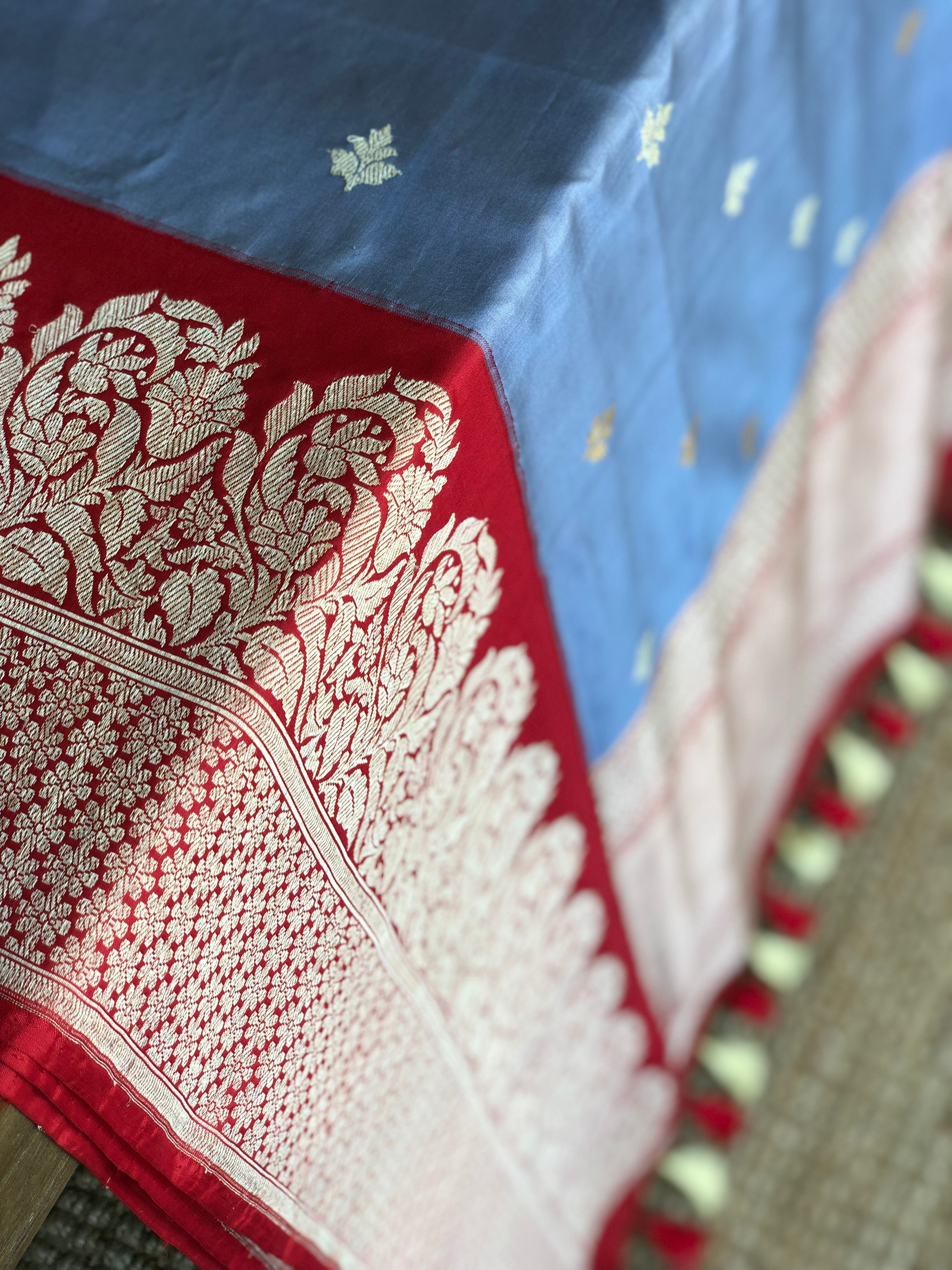 Katan Silk Banarasi - Bluish Grey Red