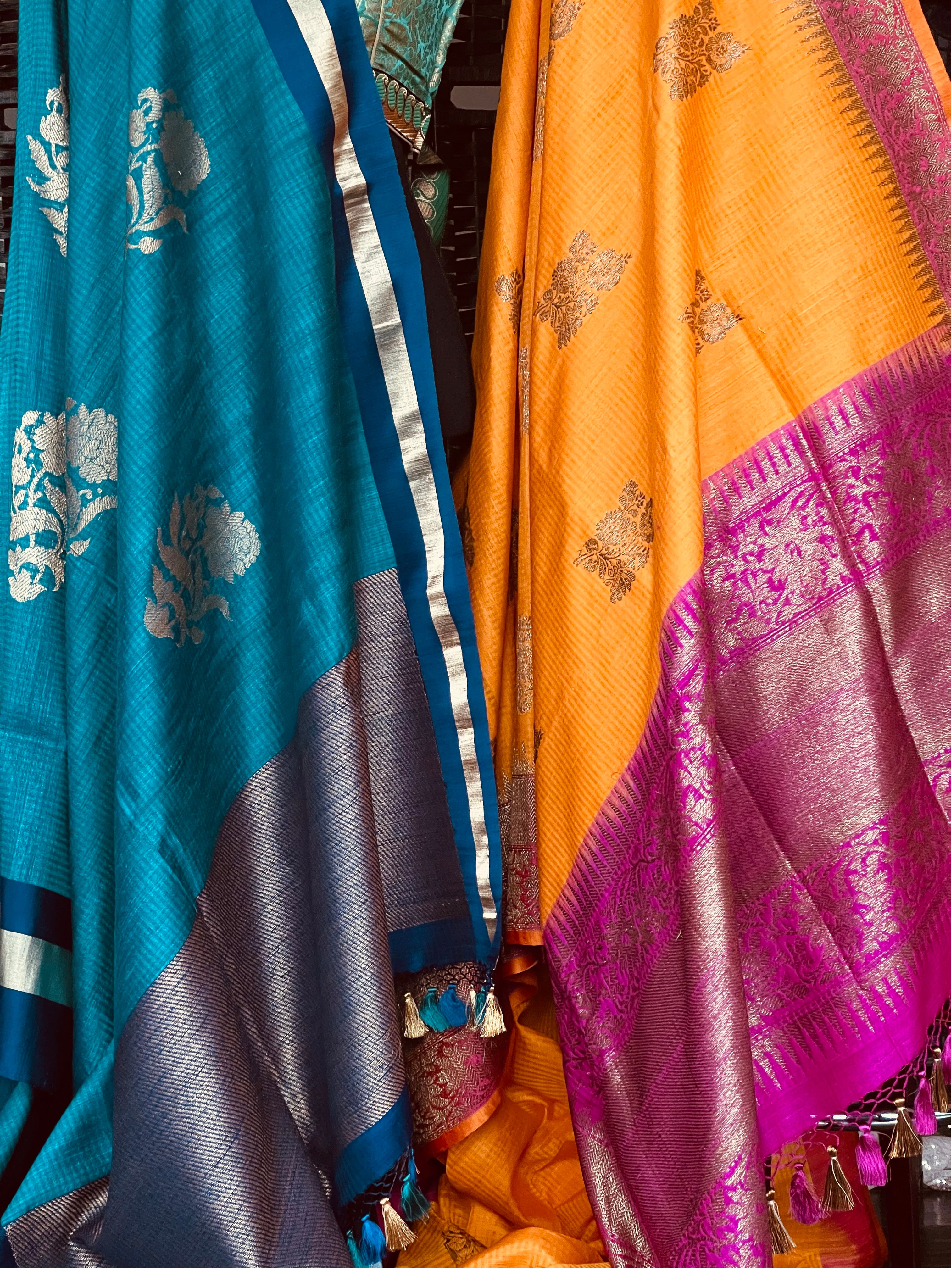 Tussar Silk Banarsi - Orange Magenta