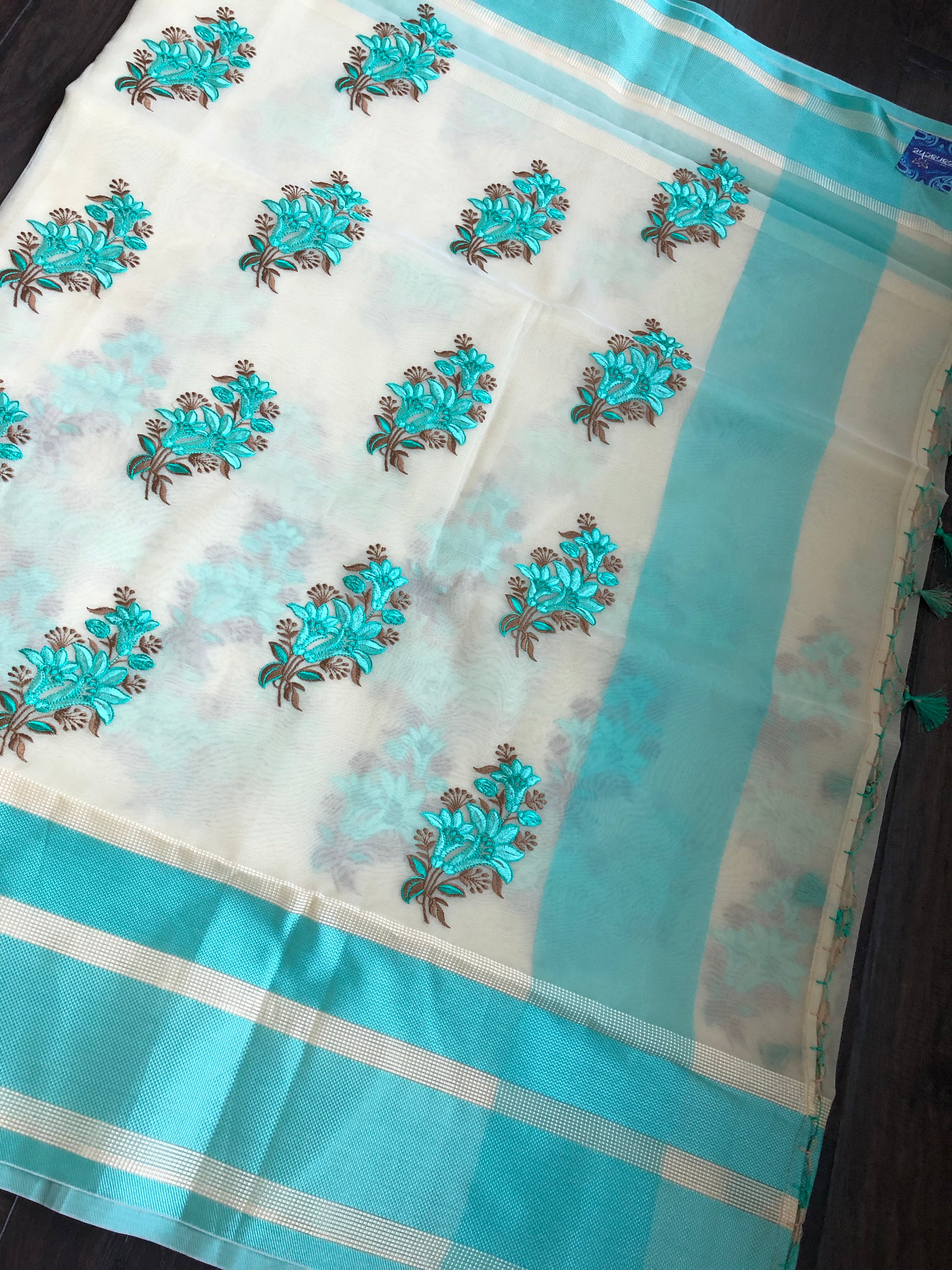 Kora Silk Embroidered - Beige Sea Green