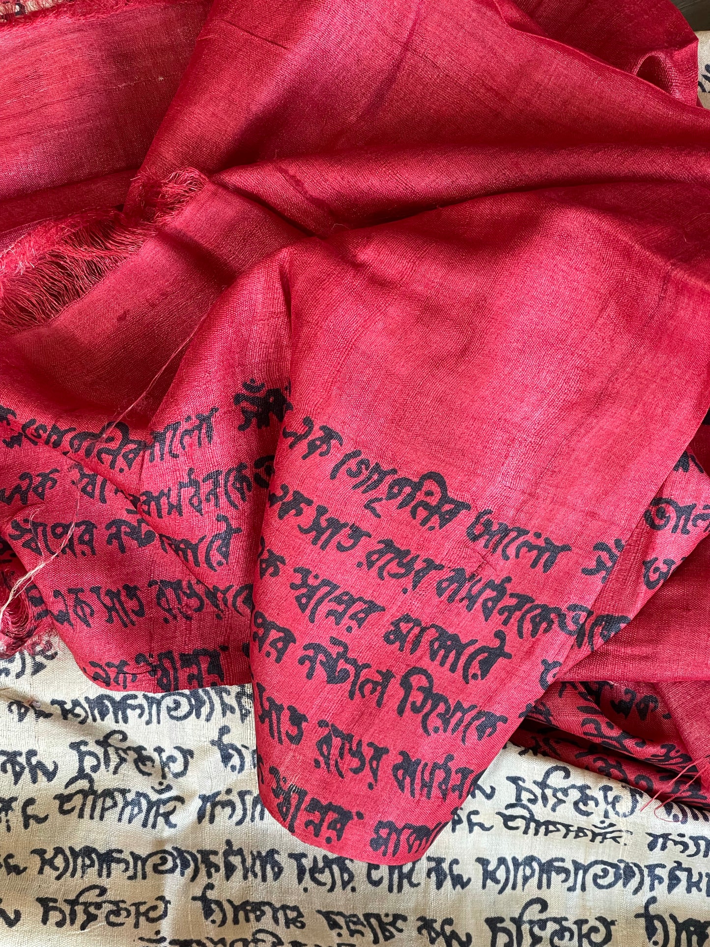 Pure Tussar Silk Script Printed -  Beige Red Black