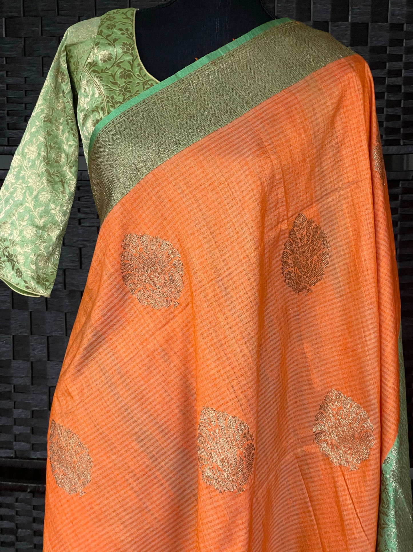 Tussar Silk Banarsi - Orange Green