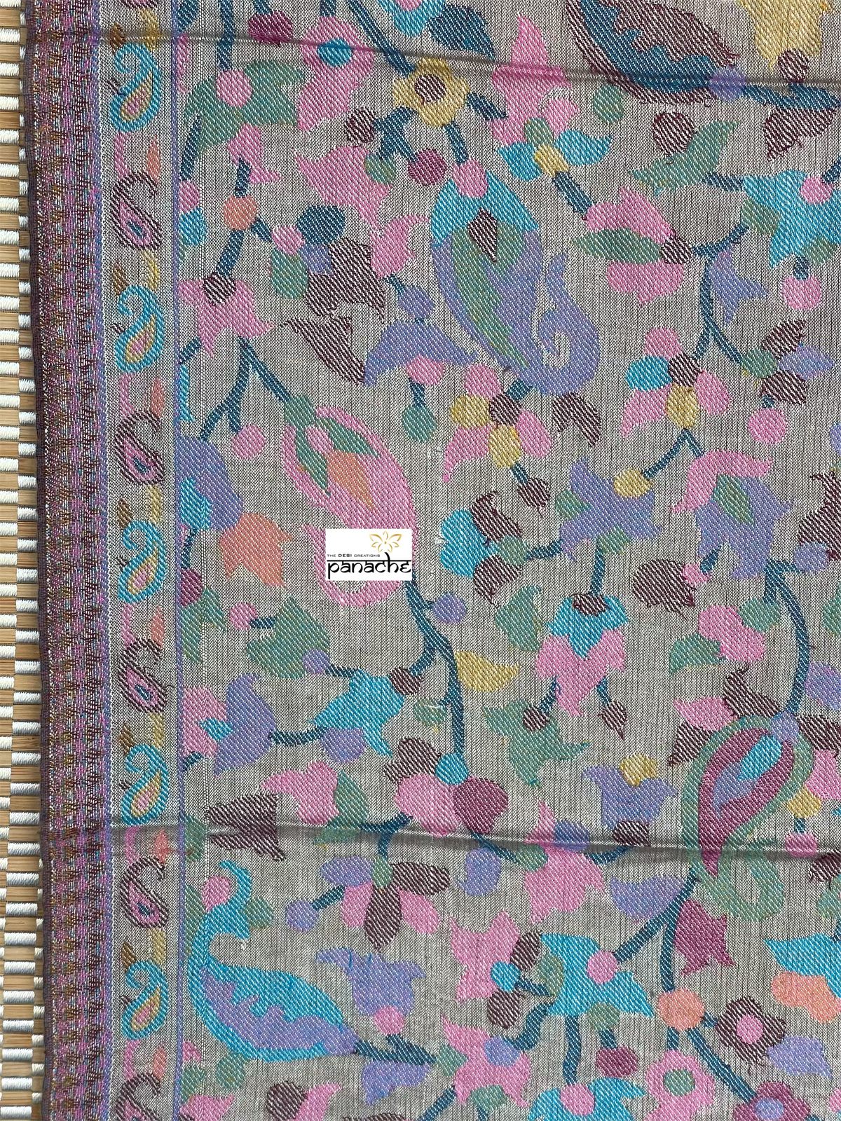 Kashmiri Kani Work Stole - Silver Grey Resham Woven Paisley