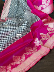 Kora Linen Silk Banarsi - Black White Checks Pink