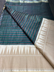 Pure Tassur Silk Banarasi - Dark Black Avocado Green Striped