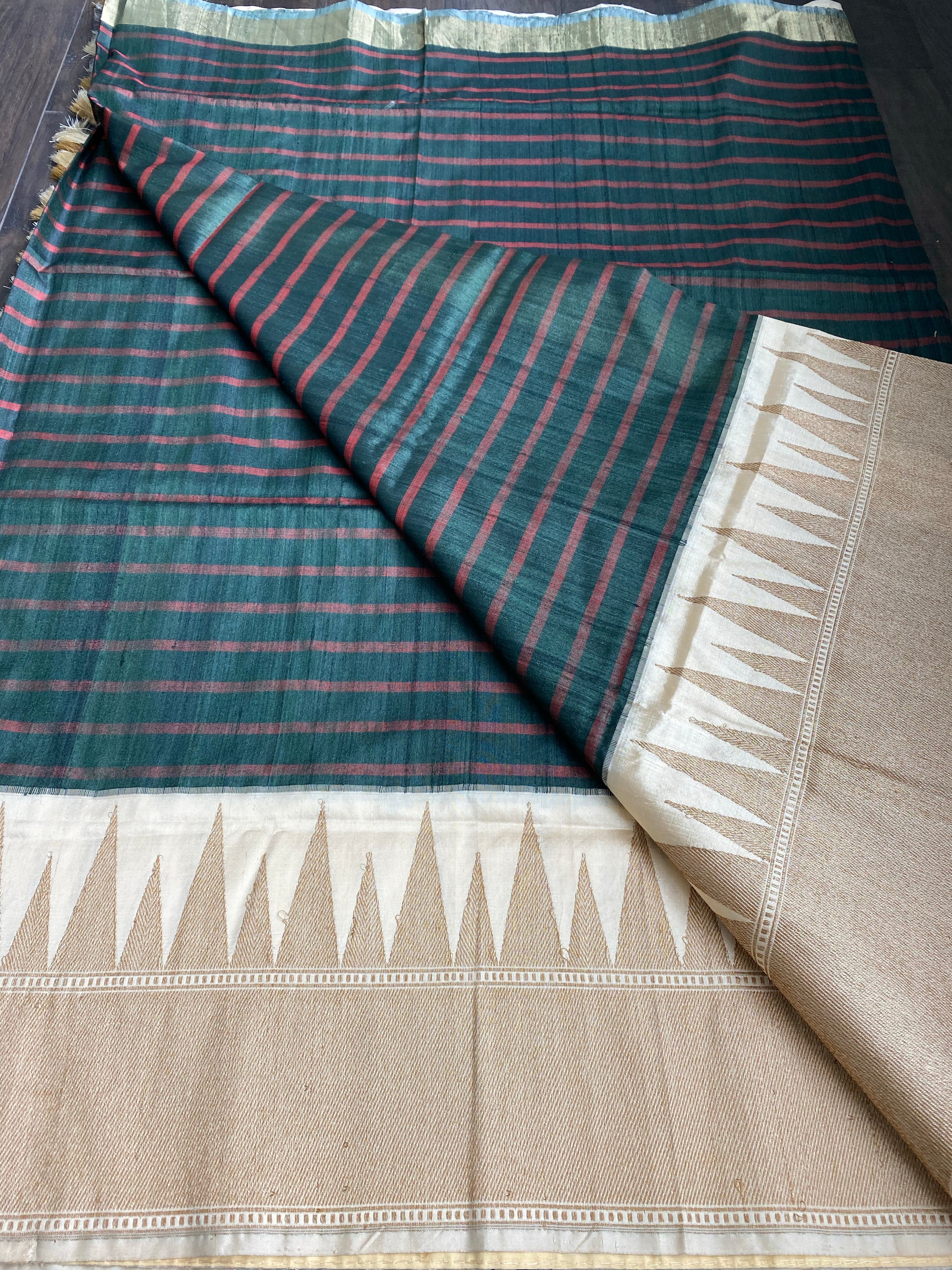 Pure Tassur Silk Banarasi - Dark Black Avocado Green Striped