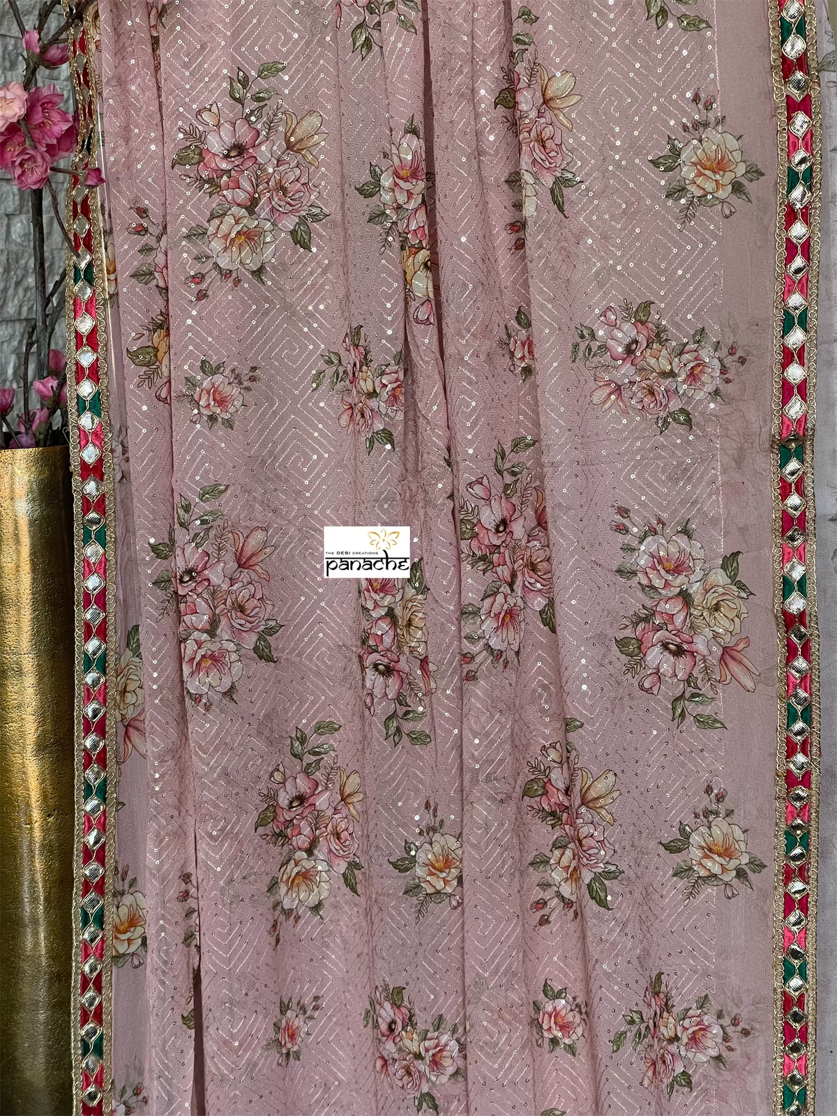 Designer Crepe Georgette Sequin Floral  - Dusty Pink