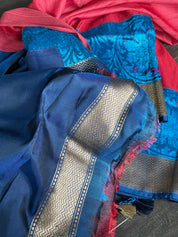 Tussar Silk Banarasi - Red Blue Kadwa