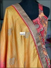 Designer Tussar Silk - Golden Yellow Raspberry Red