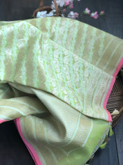 Silk Cotton Jamdaani Kora Banarasi - Fluorescent Green Zari woven