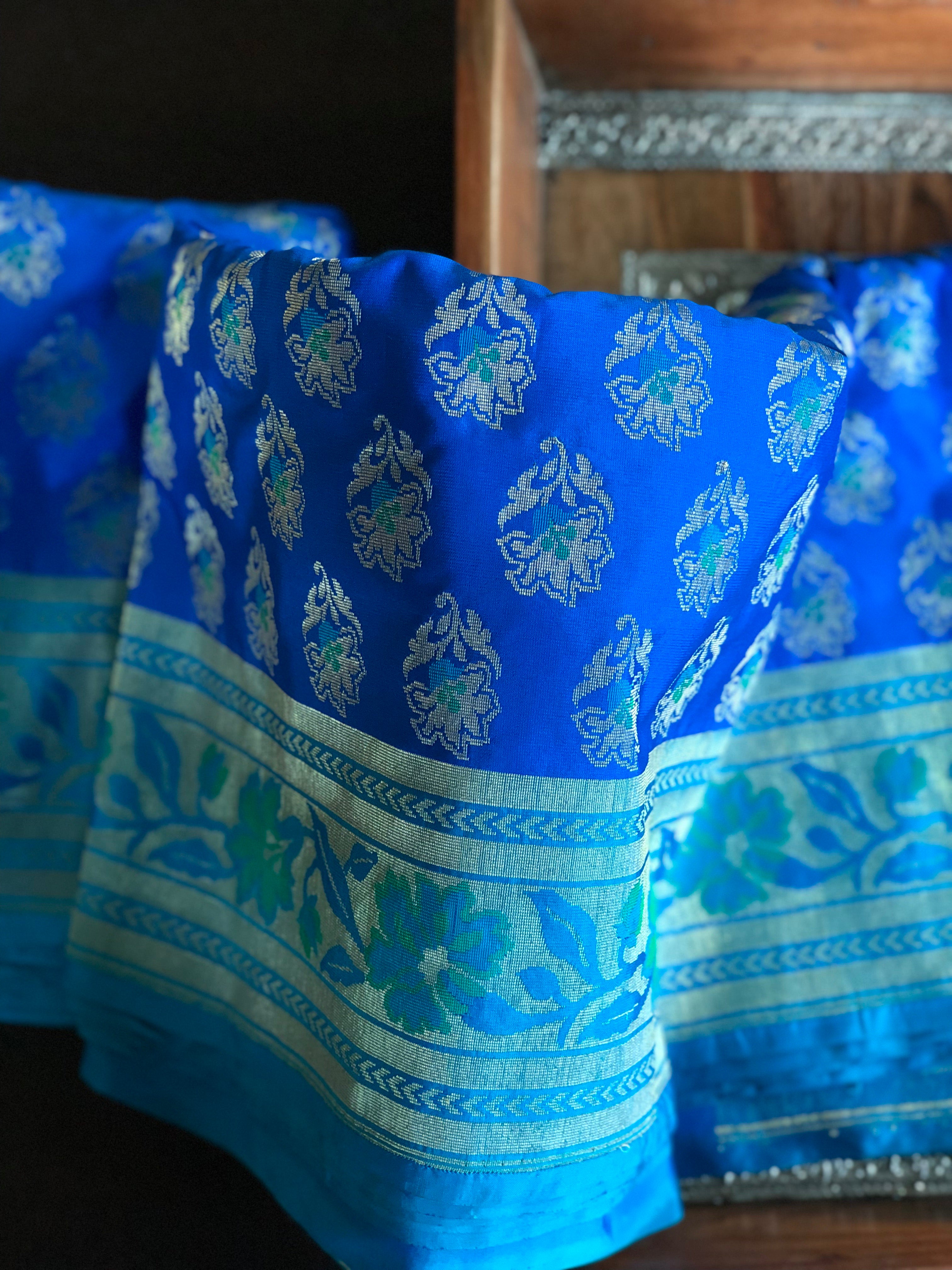 Pure Katan Silk Banarasi - Royal Blue Firozi Antique Zari