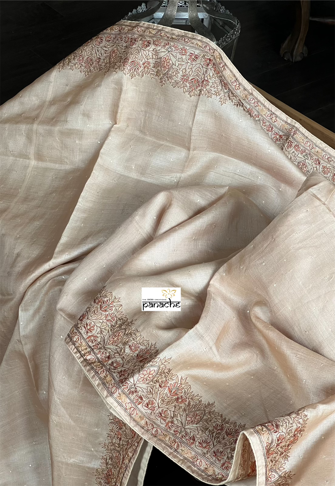 Hand Embroidered Tussar Silk - Tan Beige