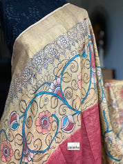 Pen Kalamkari Tussar Silk - Hand-painted Brick Red