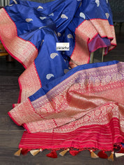 Pure Silk Katan Banarasi - Navy Blue Red Kadhwa