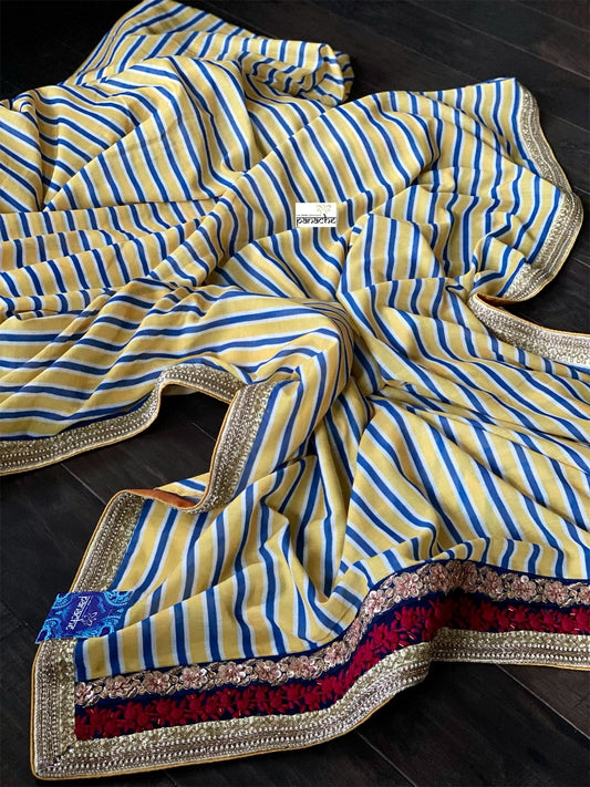 Muslin Soft Silk Printed - Blue Yellow Striped