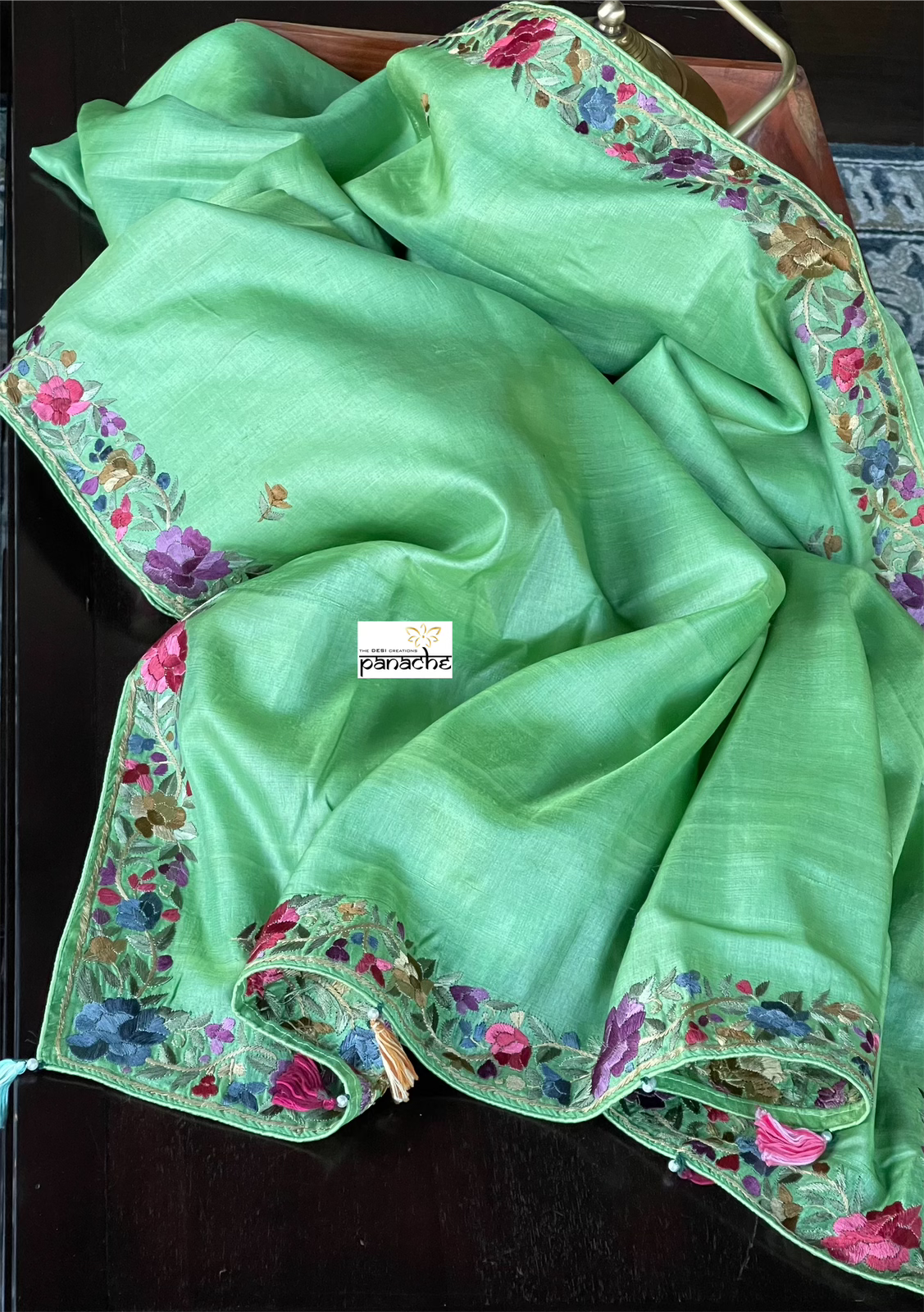 Designer Tussar Silk - Green Parsi Gara Hand Embroidered