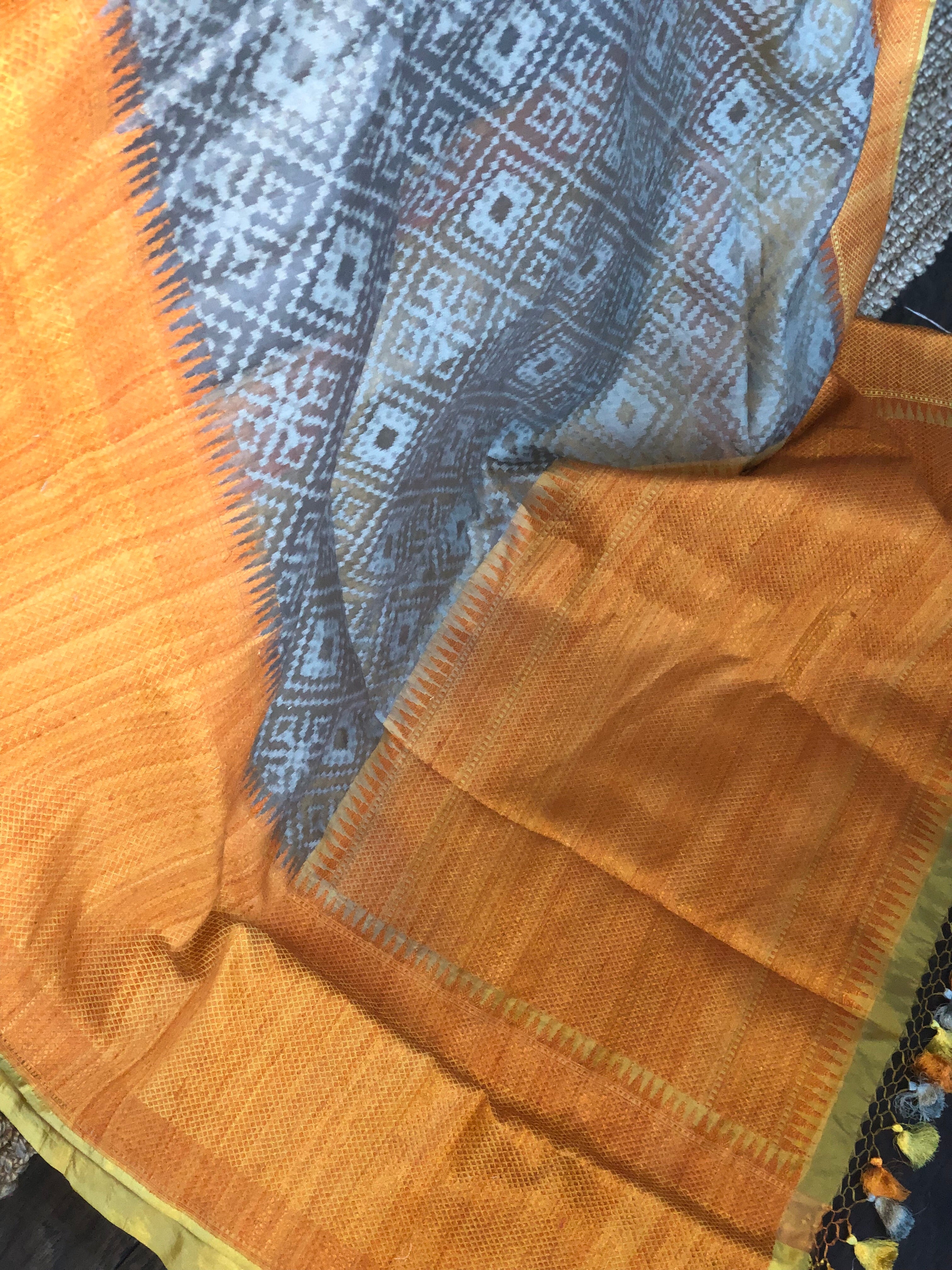 Kora Tussar Jamdani Banarsi - Grey Orange Golden Zari