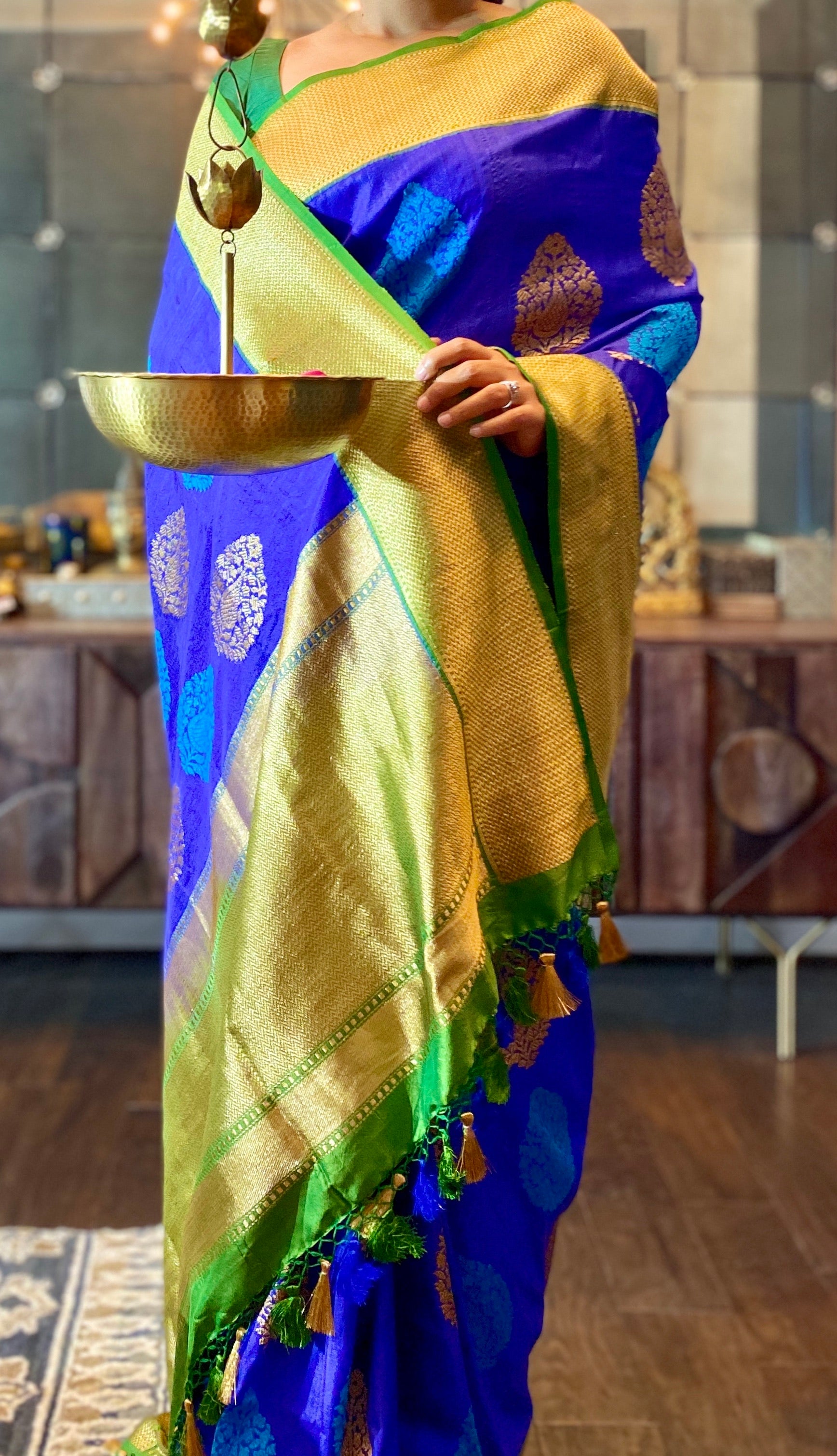 Pure Tassur Silk Banarasi - Royal Blue Green