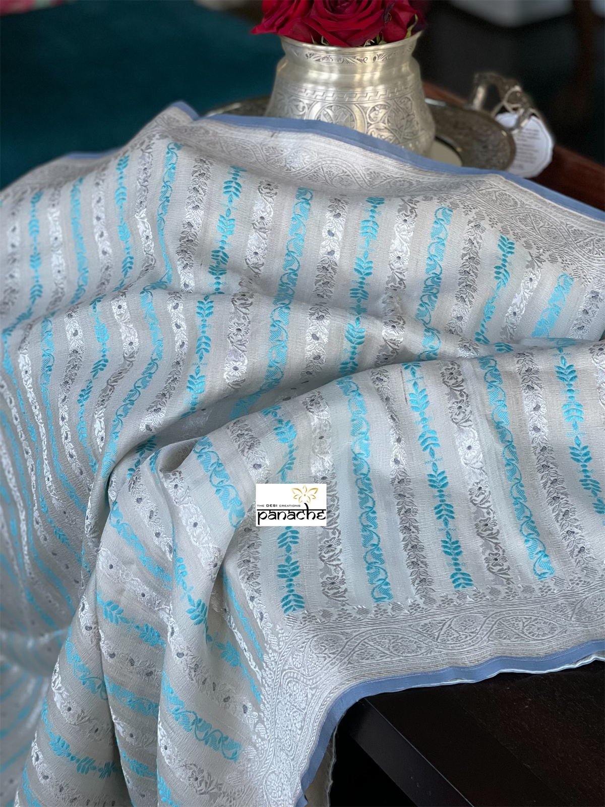Khaddi Tussar Banarasi -  Off-White Grey Firozi