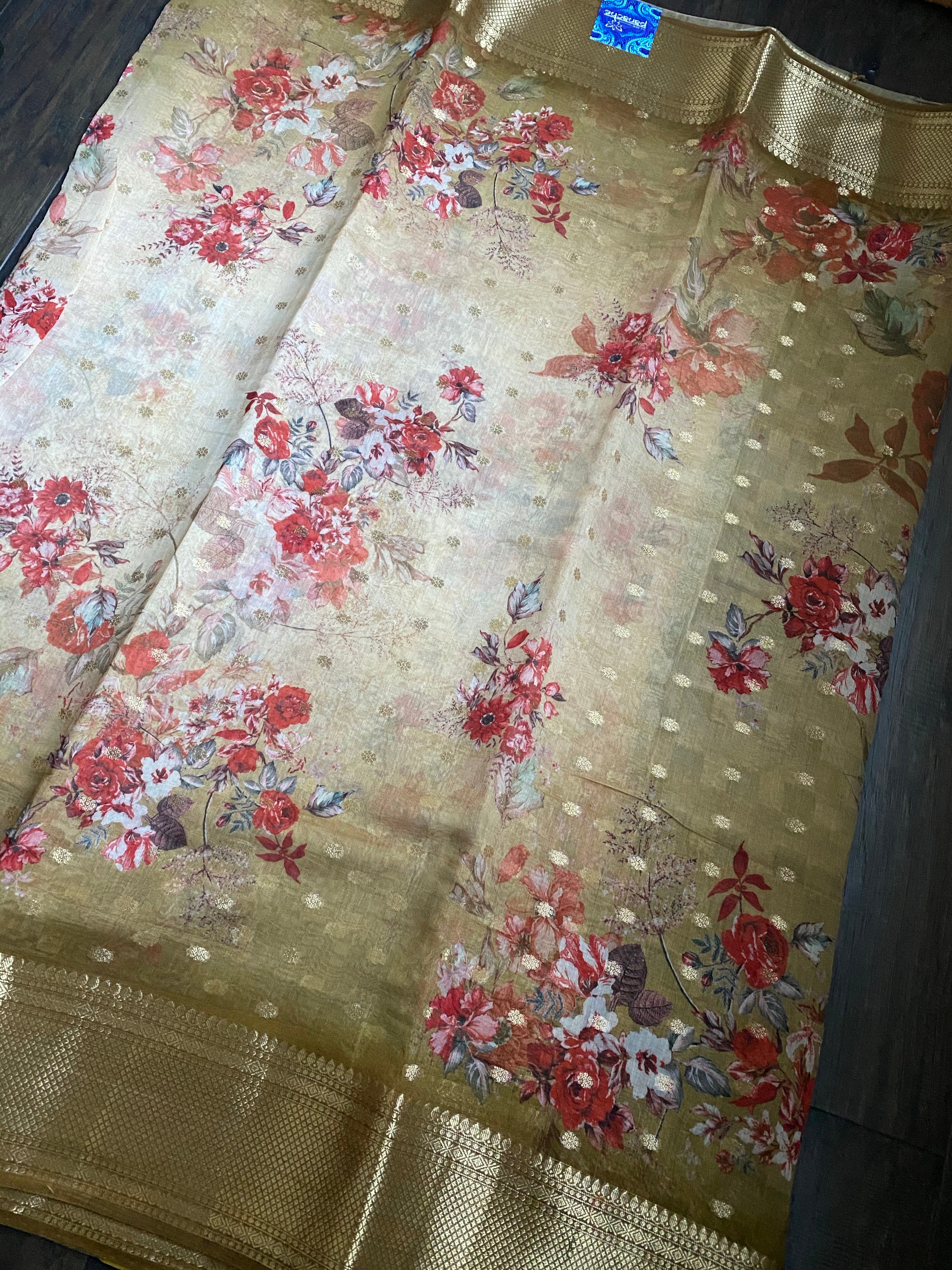 Mulmul Banarasi Floral - Light Brown Golden Zari