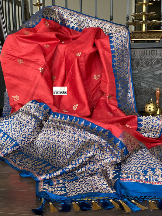 Pure Tassur Silk Banarasi - Red Blue