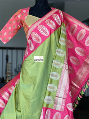 Pure Silk Katan Banarasi - Pista Green Pink