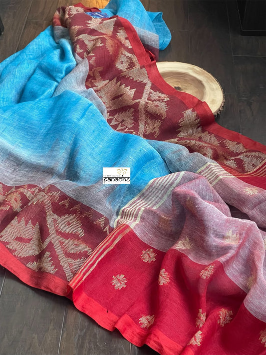 Handloom Banarasi Linen - Firozi Blue Maroon
