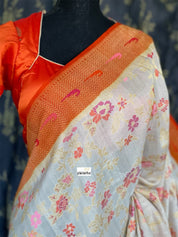 Khaddi Tussar Banarasi - Tilfi woven Beige Orange Multi Meenakari