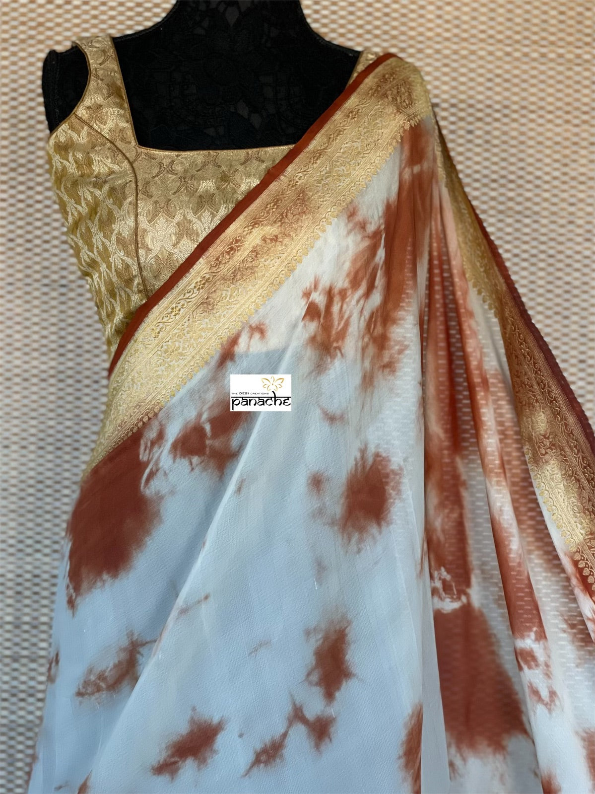 Khaddi Georgette Banarasi - Off-White Rust Brwon Tie-dye Khadhua Woven
