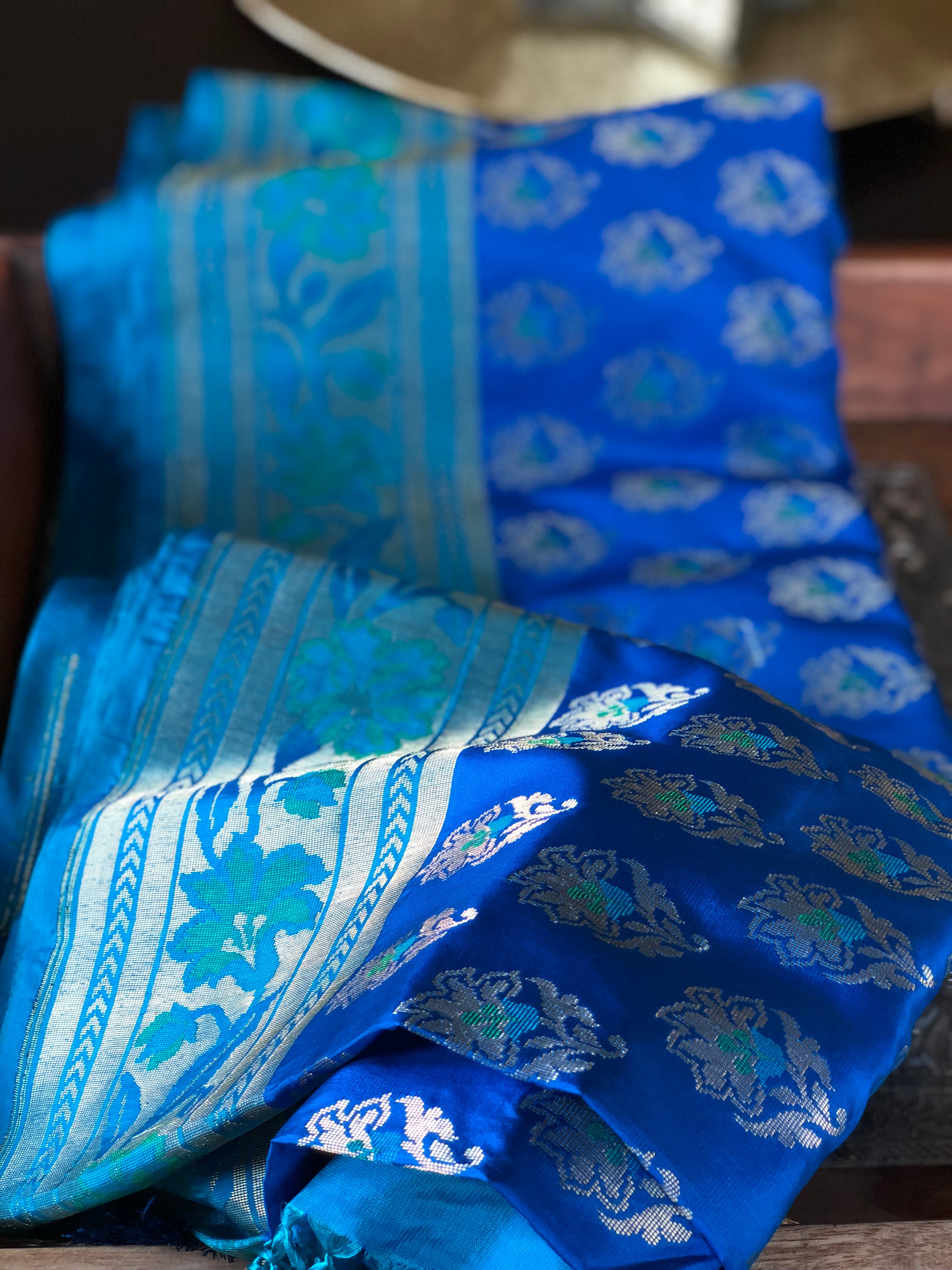 Pure Katan Silk Banarasi - Royal Blue Firozi Antique Zari
