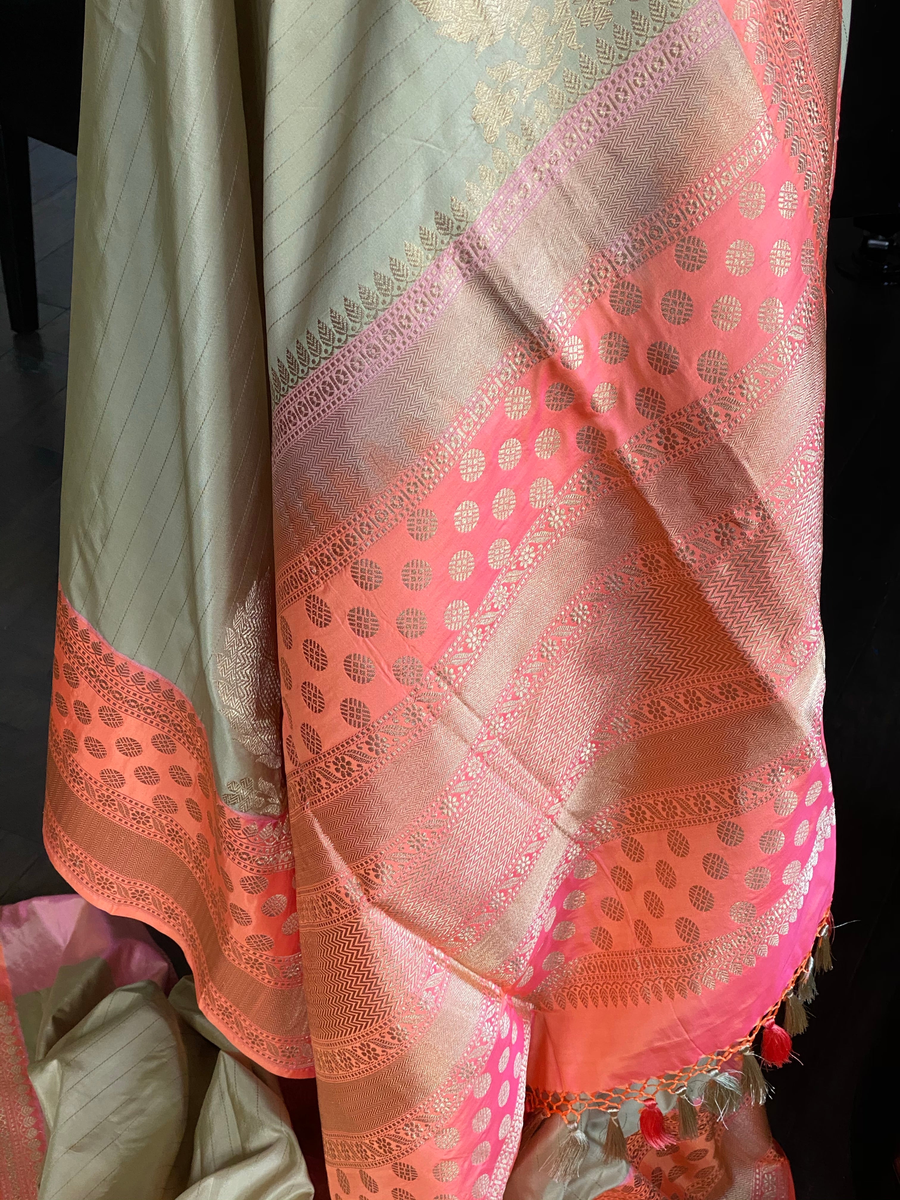 Katan Silk Banarasi - Gray Beige Pink