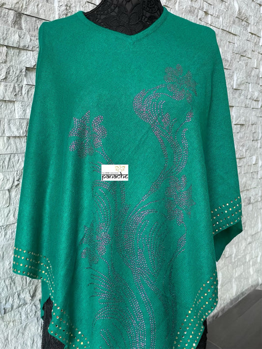 Pure Wool Poncho - Teal Green Free Size