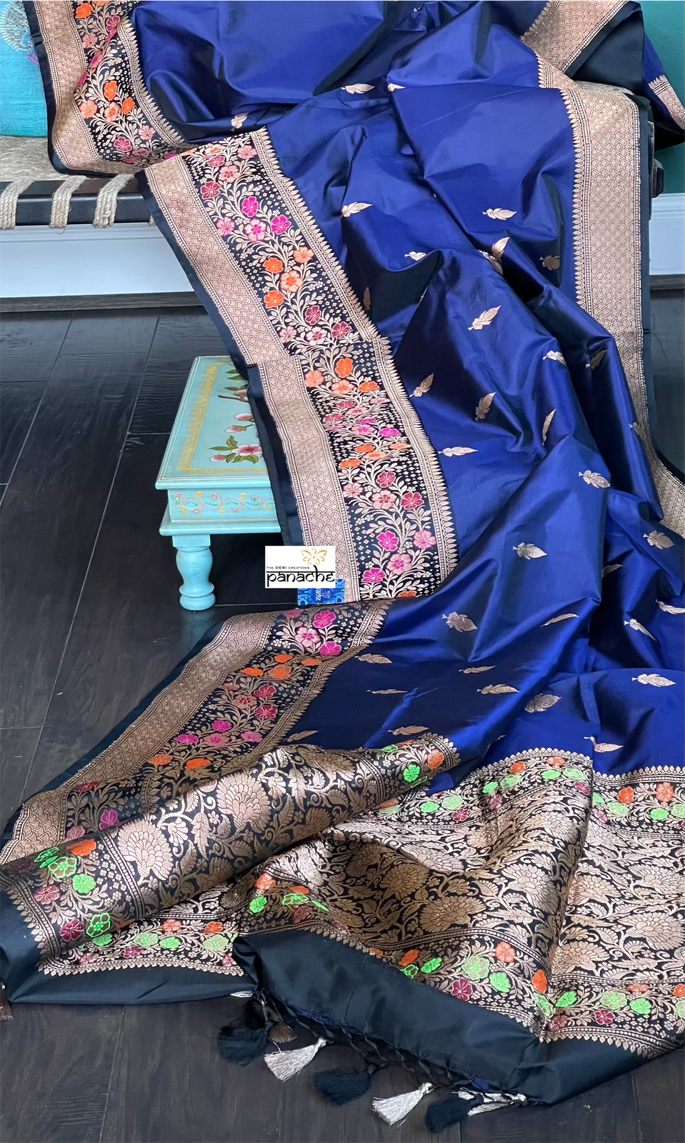 Katan Silk Banarasi -  Navy Blue Kadwa