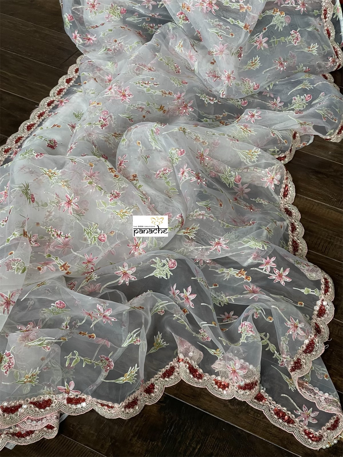 Designer Organza - Off-white Maroon Hand embroidered