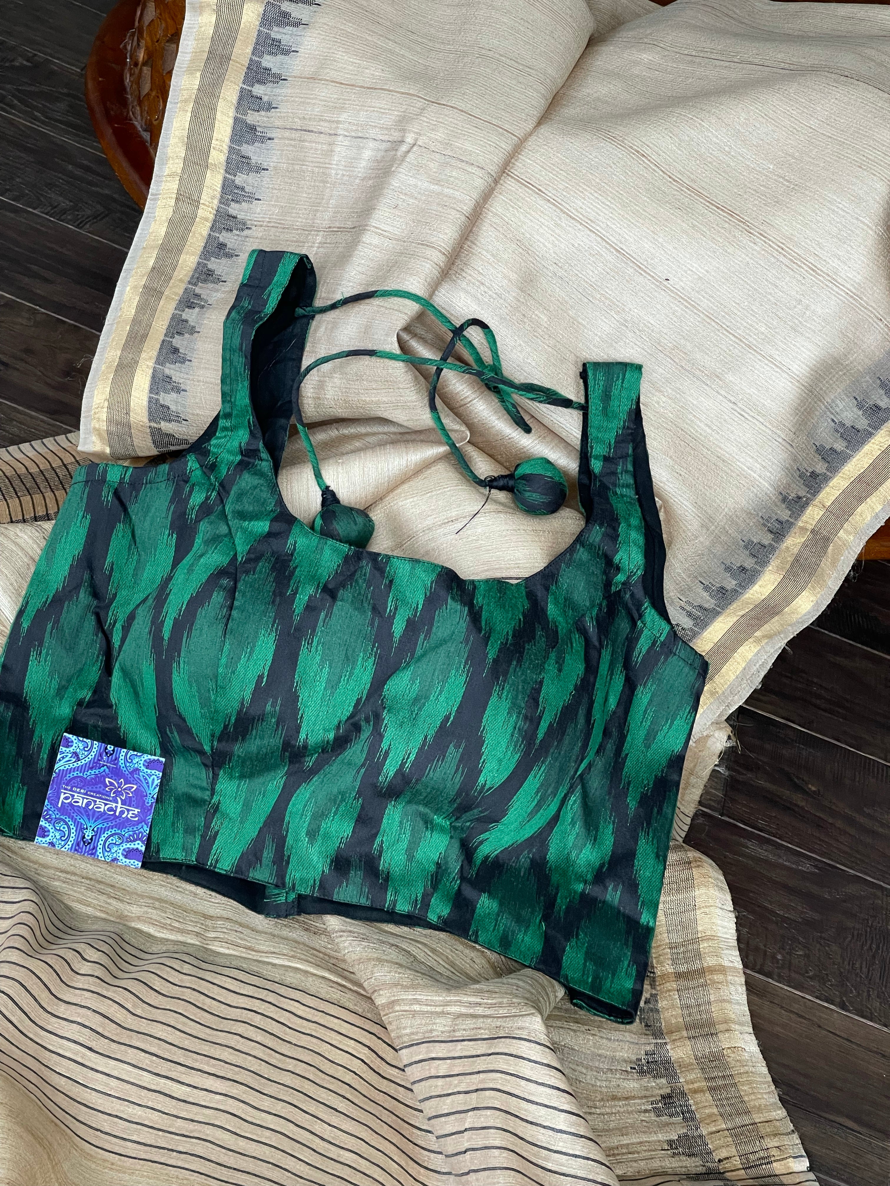 Designer Blouse - Black Green Ikat Print
