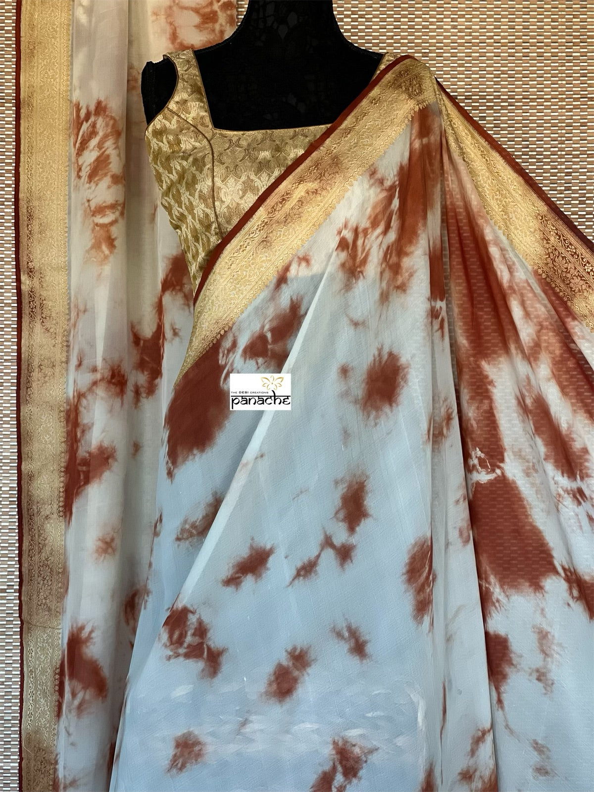 Khaddi Georgette Banarasi - Off-White Rust Brwon Tie-dye Khadhua Woven
