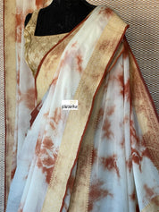 Khaddi Georgette Banarasi - Off-White Rust Brwon Tie-dye Khadhua Woven