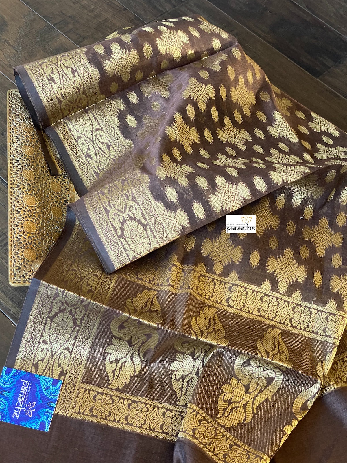 Silk Cotton Dupatta - Brown Golden Zari