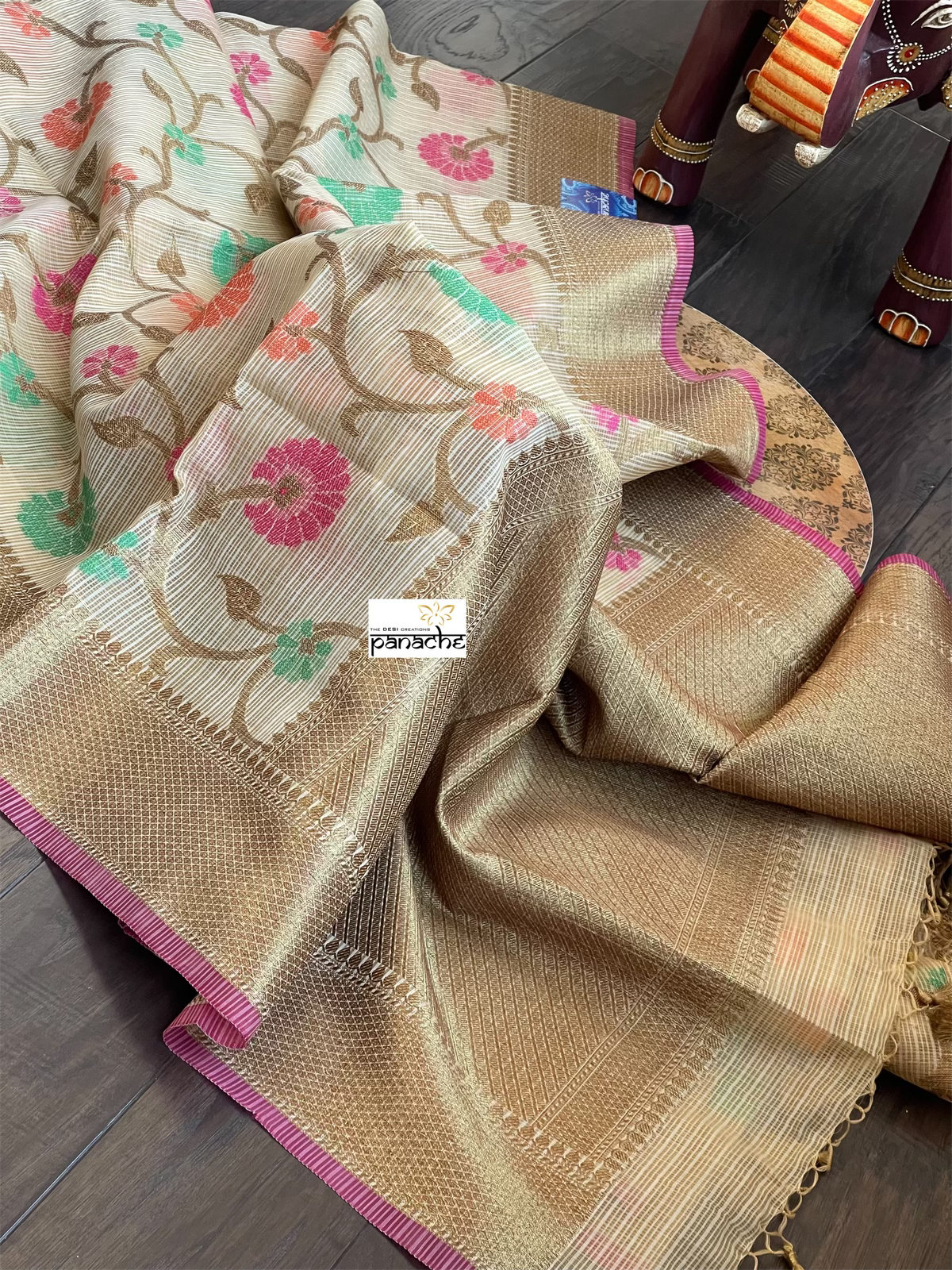 Cotton Silk Banaras Chanderi - Beige Golden Meenakari