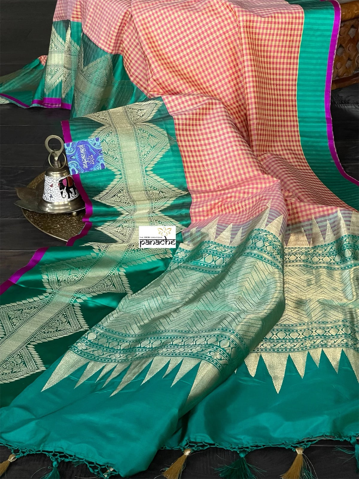 Pure Silk Katan Banarasi - Yellow Sea Green Checkered