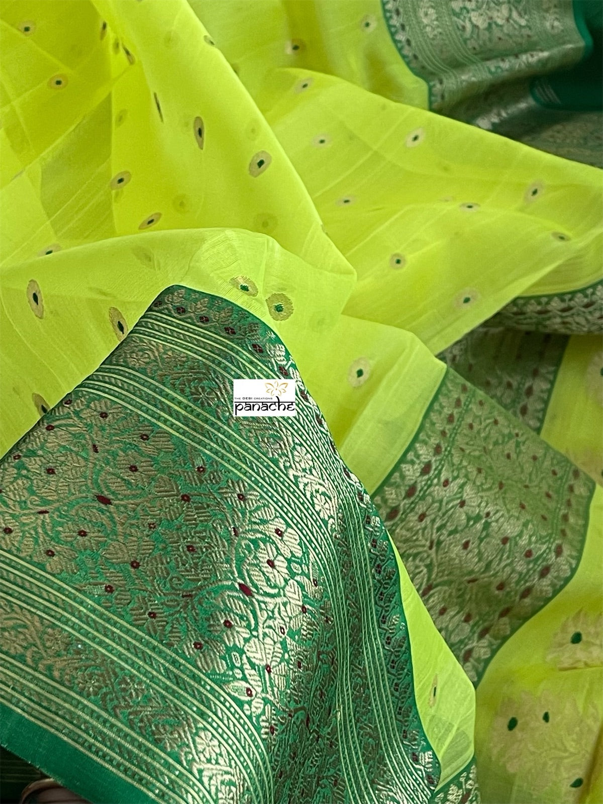 Pure Chanderi Organza Silk - Yellow Green Eknaliya Golden Zari