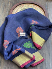 Handloom Banarasi Linen -  Navy Blue Zari woven