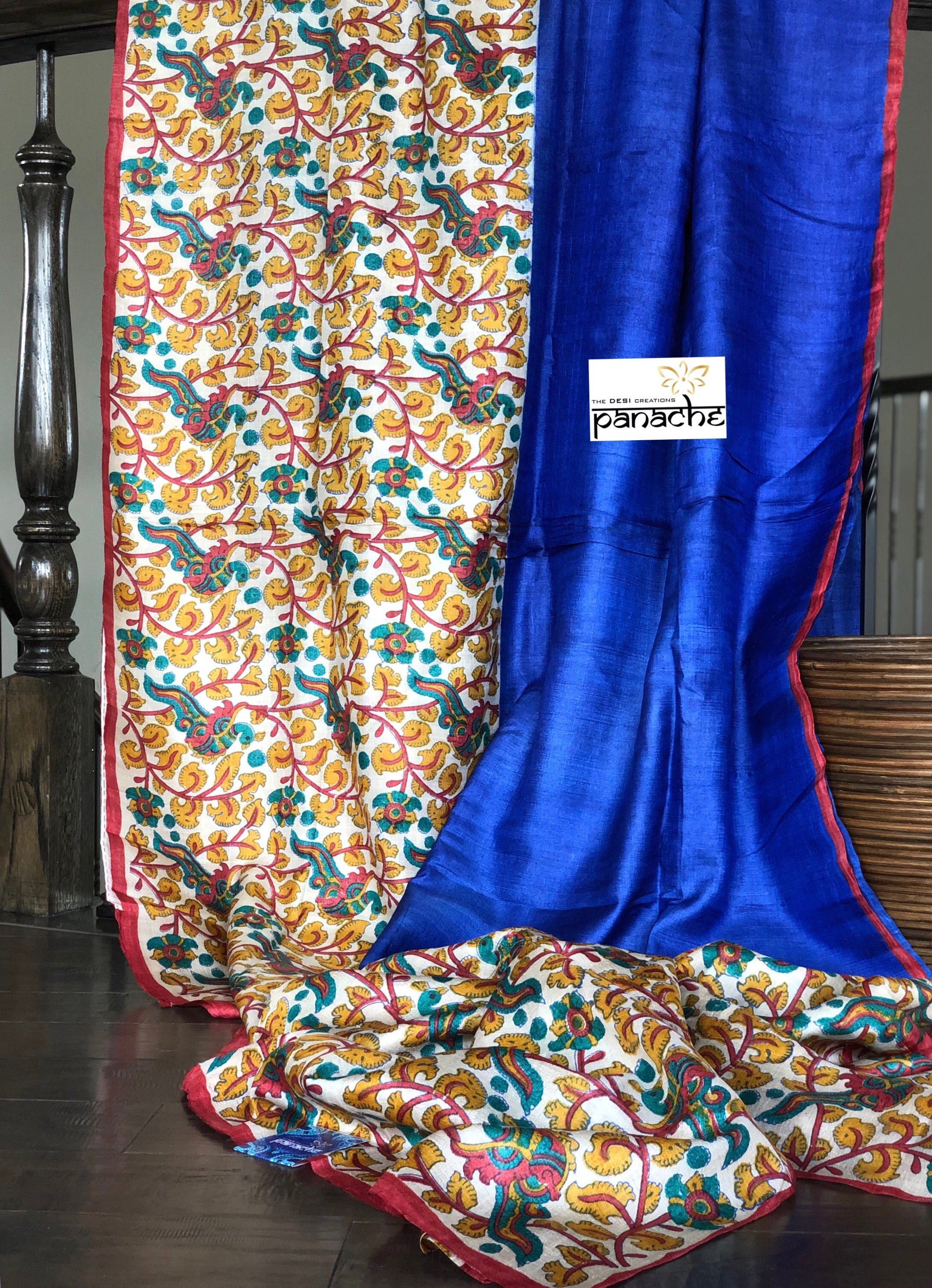 Tussar Silk - Printed Kalamkari  Royal Blue
