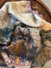 Pure Linen Silk Digital Print - Ajrak Beige Multi color floral
