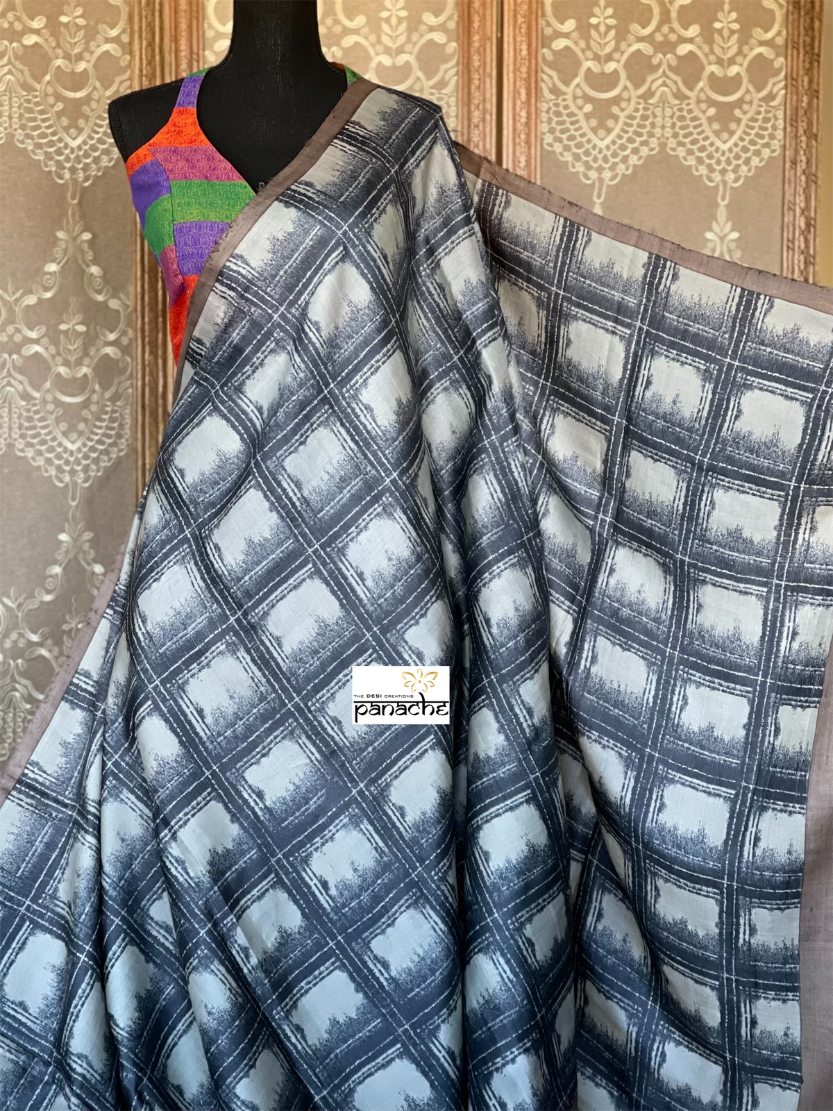 Pure Tussar Silk - Black Grey Printed
