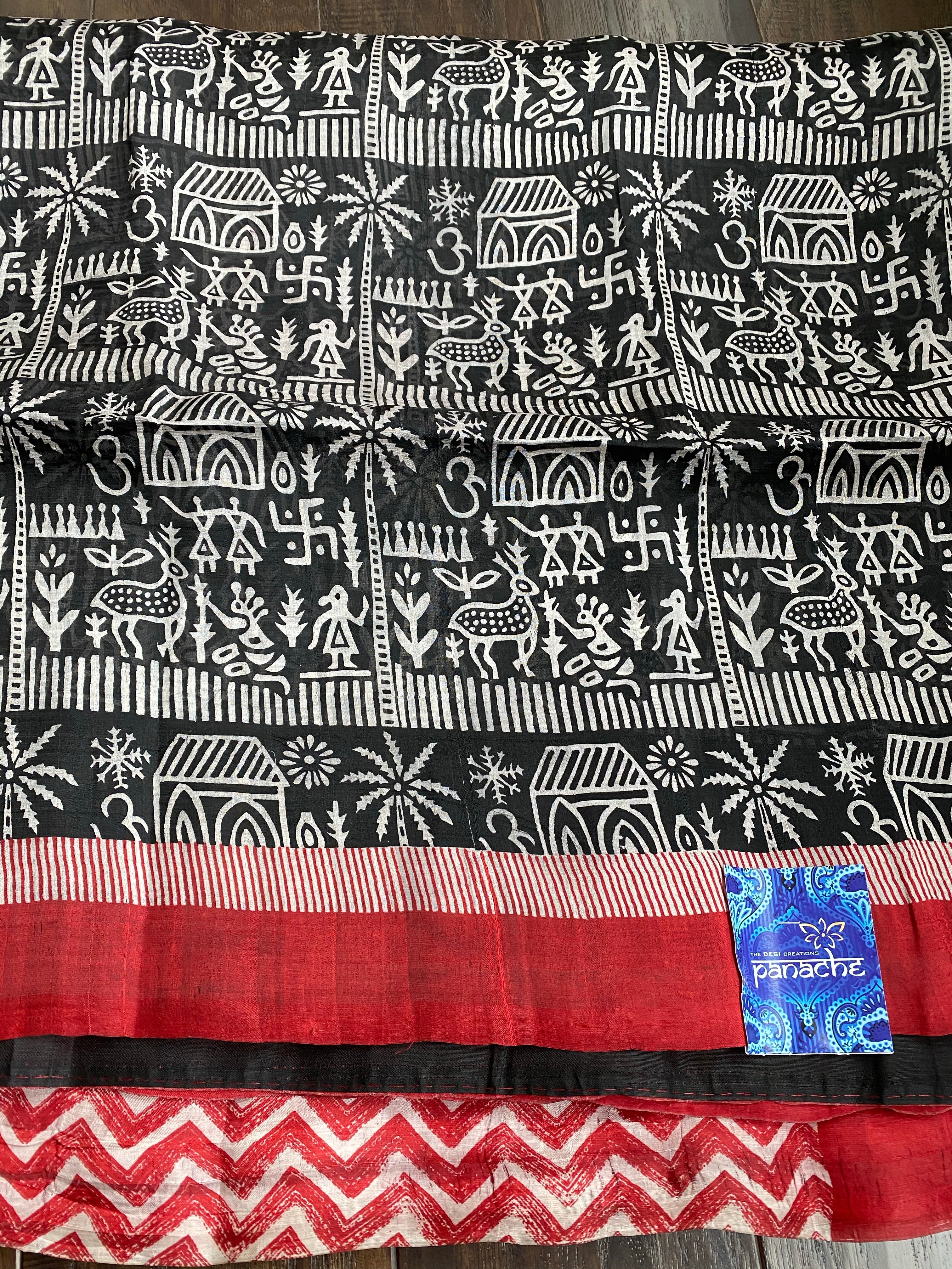 Pure Murshidabad Silk - Black White Red Printed