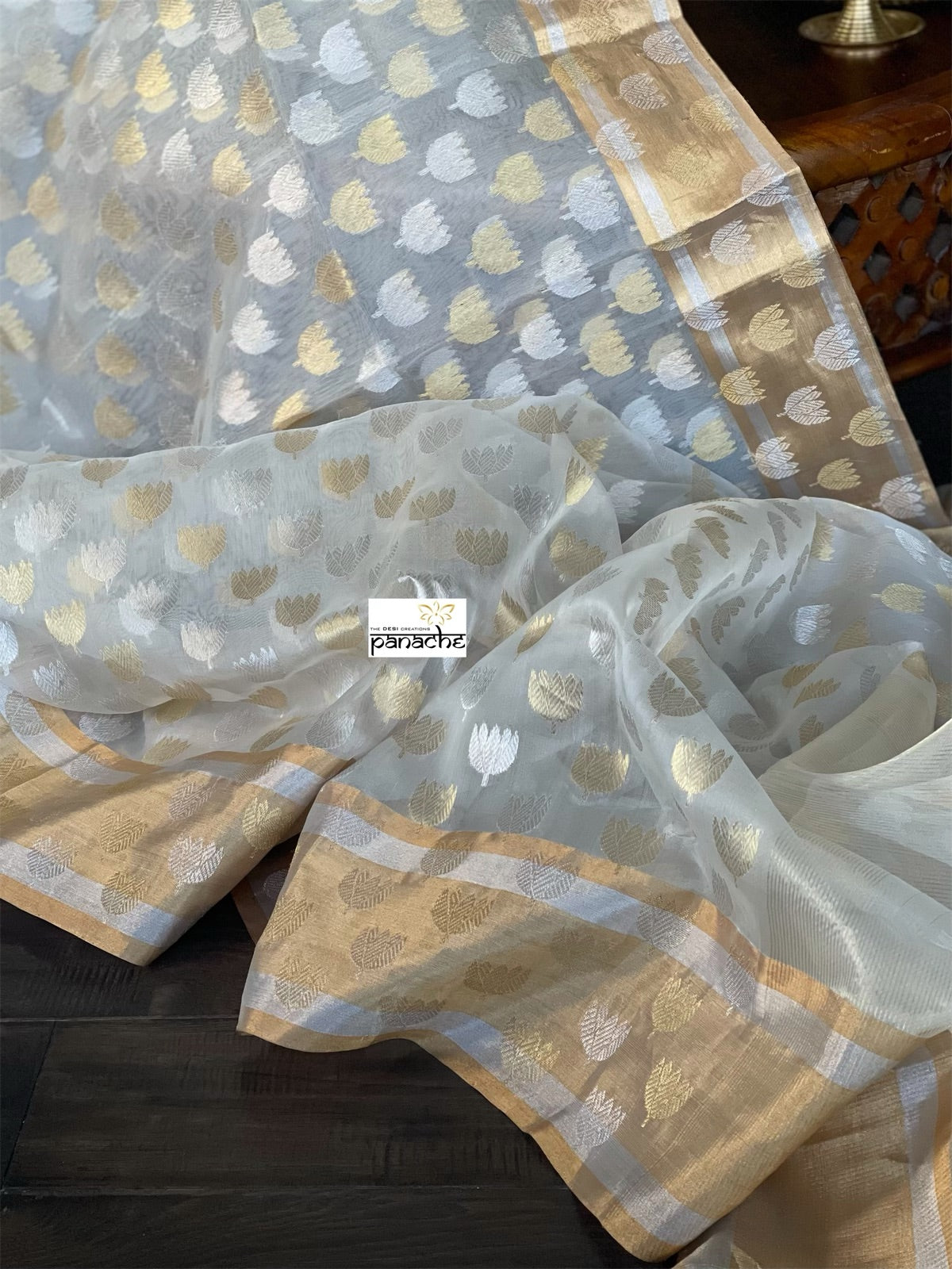 Pure Chanderi Organza Silk - Off White Eknaliya Lotus Woven