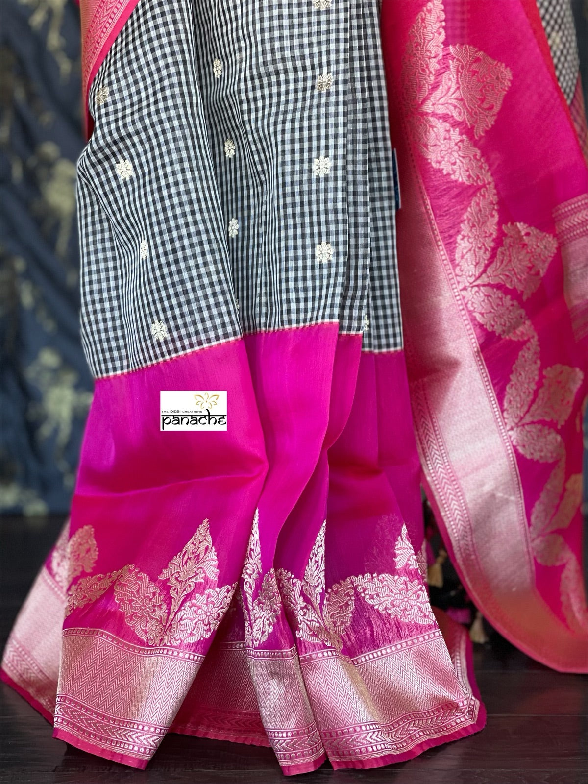 Kora Linen Silk Banarsi - Black White Checks Pink